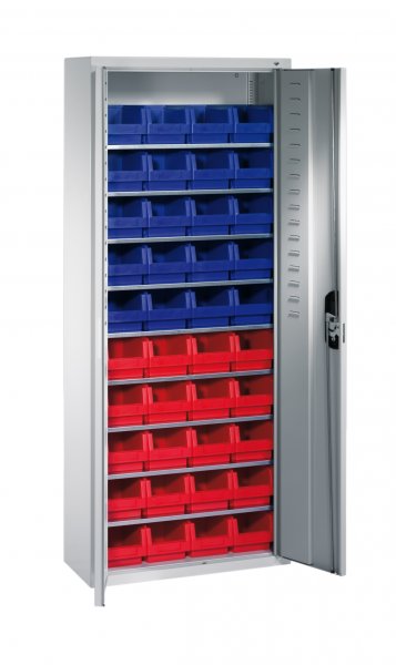 Shelf cabinet with display storage boxes Typ S1 Including doors (RAL 7035) Including Open fronted storage bins